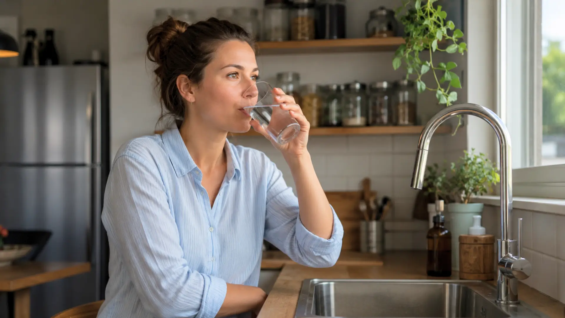 Femme buvant un verre d’eau du robinet dans sa cuisine moderne en France