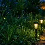 Vers luisants dans un jardin éclairé par des lampes solaires au crépuscule