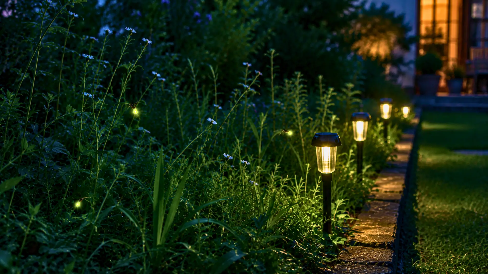 Vers luisants dans un jardin éclairé par des lampes solaires au crépuscule