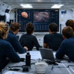 Six volontaires vus de dos dans un habitat spatial fermé regardent un écran de contrôle affichant une simulation de mission vers Mars.