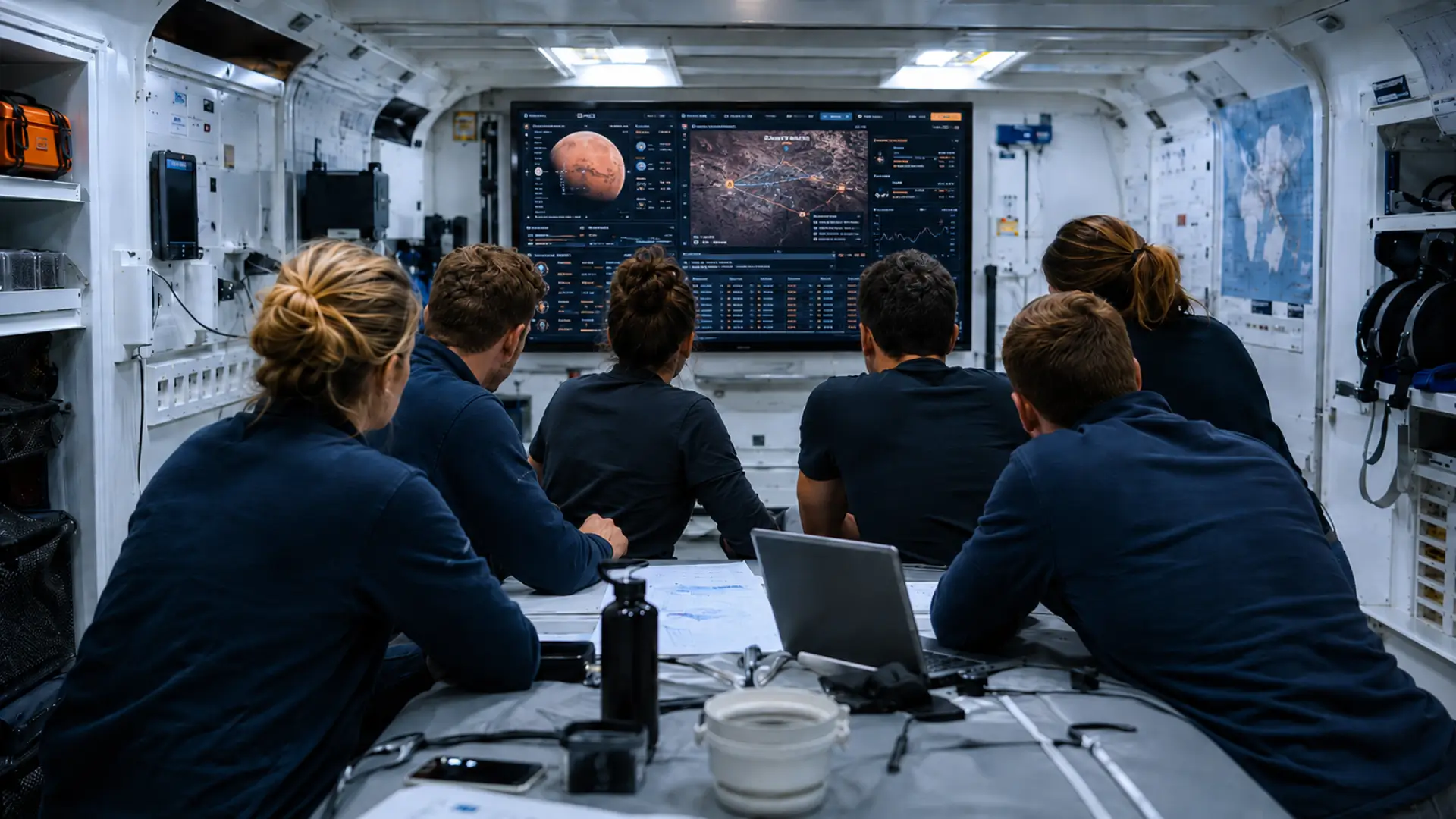 Six volontaires vus de dos dans un habitat spatial fermé regardent un écran de contrôle affichant une simulation de mission vers Mars.