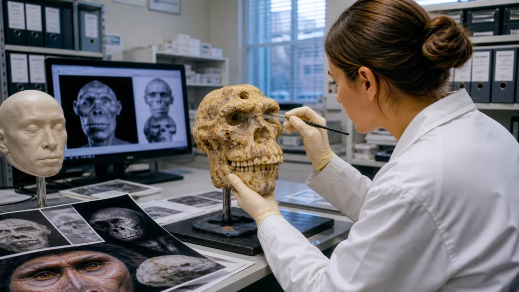 Crâne fossile de type Little Foot analysé en laboratoire pour une reconstitution faciale avec outils scientifiques