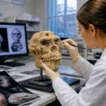 Crâne fossile de type Little Foot analysé en laboratoire pour une reconstitution faciale avec outils scientifiques