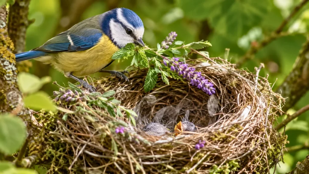 Mésange ajoutant des plantes aromatiques dans un nid avec oisillons.