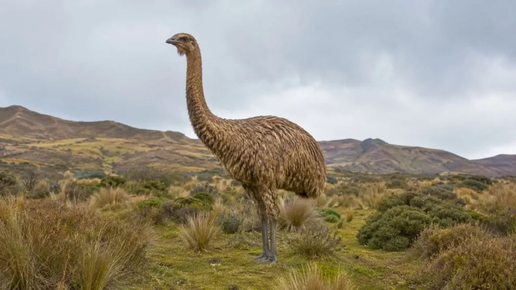 Moa géant dressé dans une prairie montagneuse de Nouvelle-Zélande.