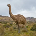 Moa géant dressé dans une prairie montagneuse de Nouvelle-Zélande.