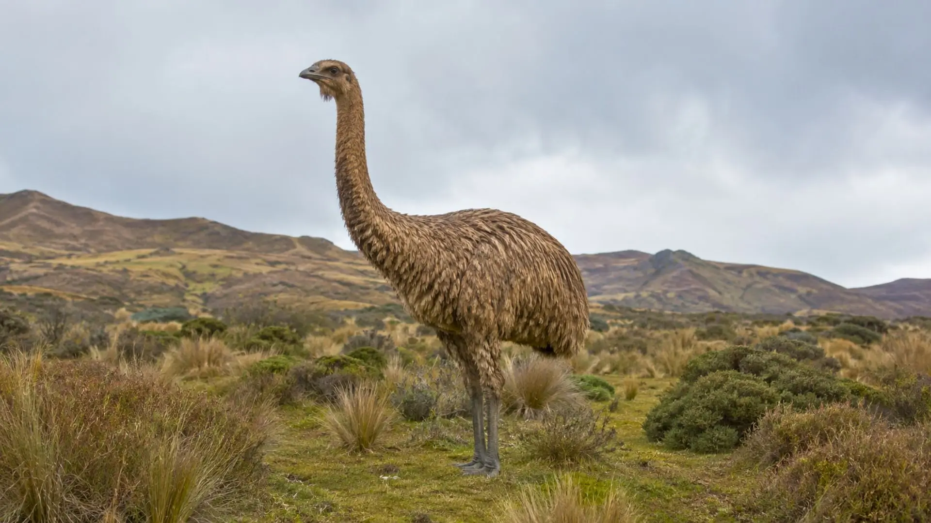 Moa géant dressé dans une prairie montagneuse de Nouvelle-Zélande.