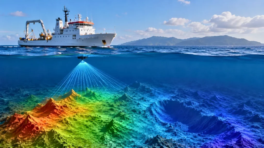 Navire océanographique sondant un relief sous-marin profond avec faisceau sonar.