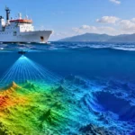 Navire océanographique sondant un relief sous-marin profond avec faisceau sonar.