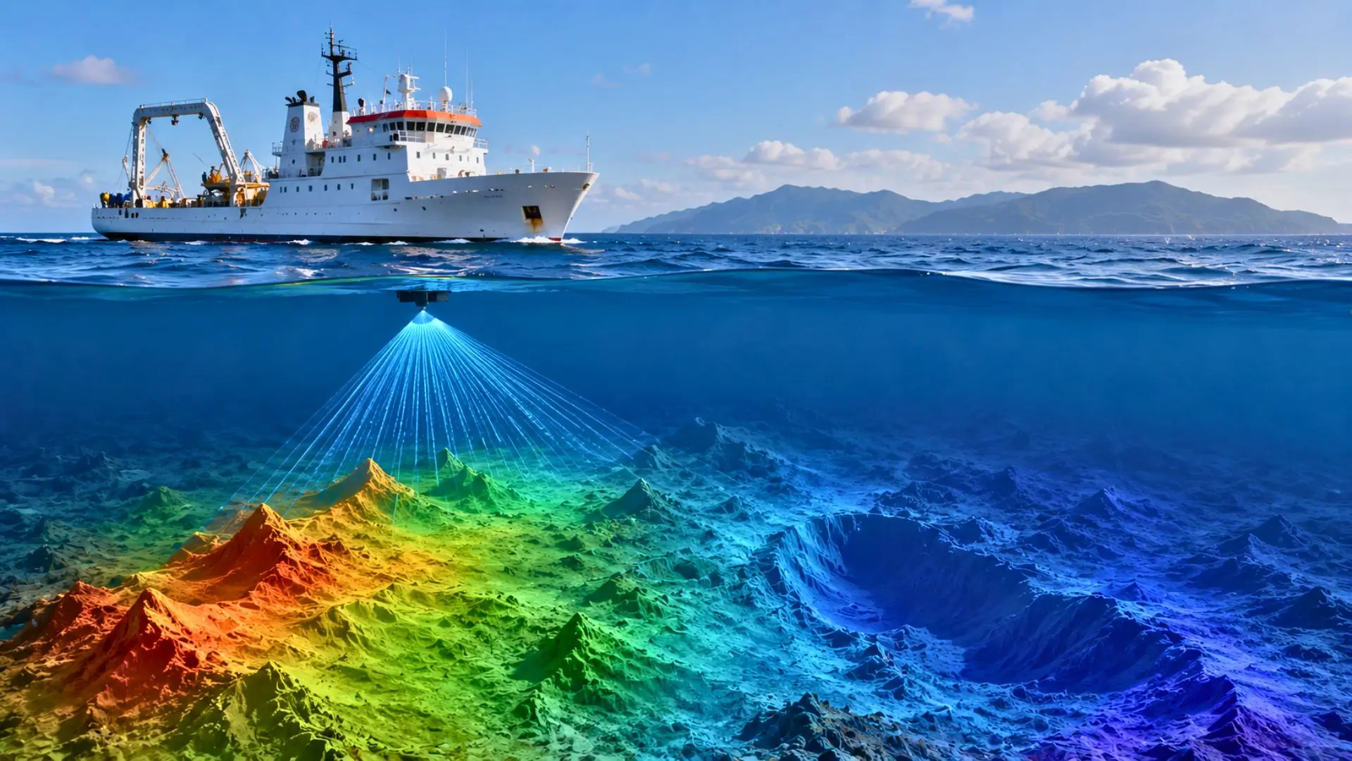 Navire océanographique sondant un relief sous-marin profond avec faisceau sonar.