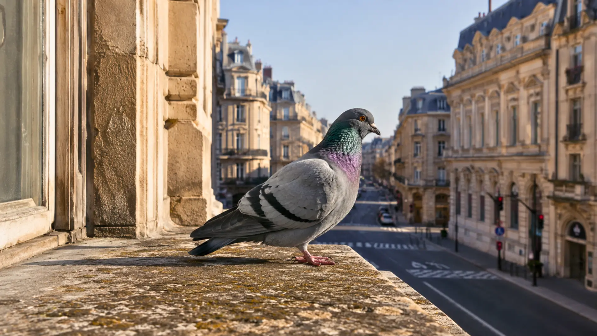 Pigeon gris aux reflets verts et violets posé sur un rebord de pierre, avec une rue urbaine et des immeubles anciens en arrière-plan.