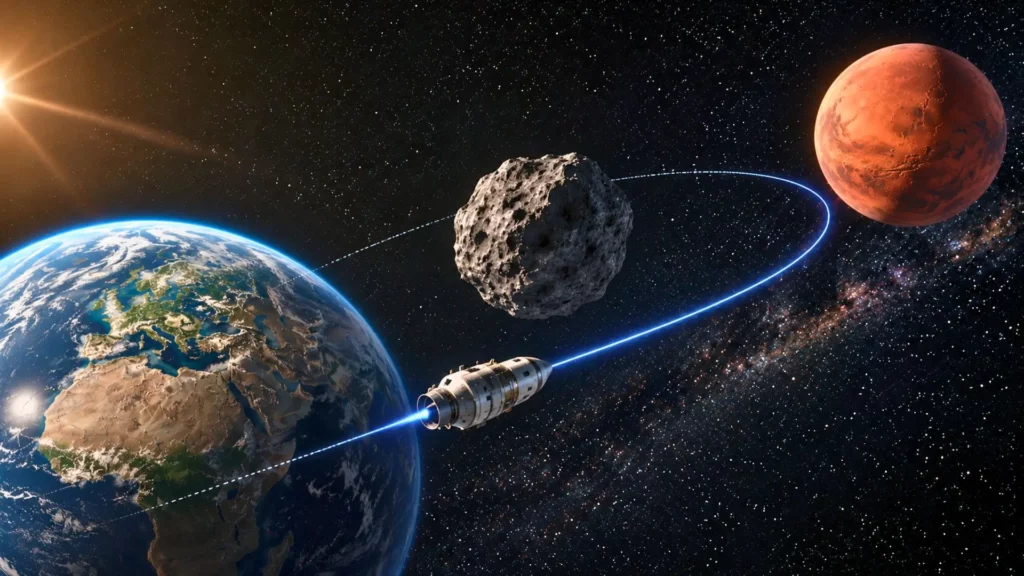 Observatoire astronomique dans le désert sous un ciel étoilé lié à Mars.