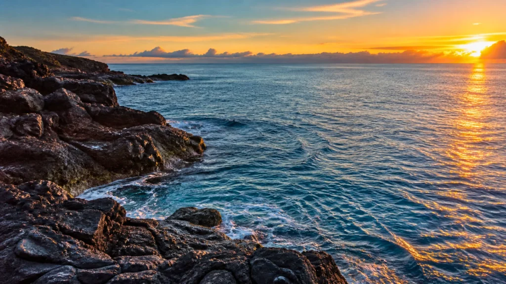 Littoral rocheux et océan au coucher du soleil, évoquant l’origine profonde de l’eau terrestre.