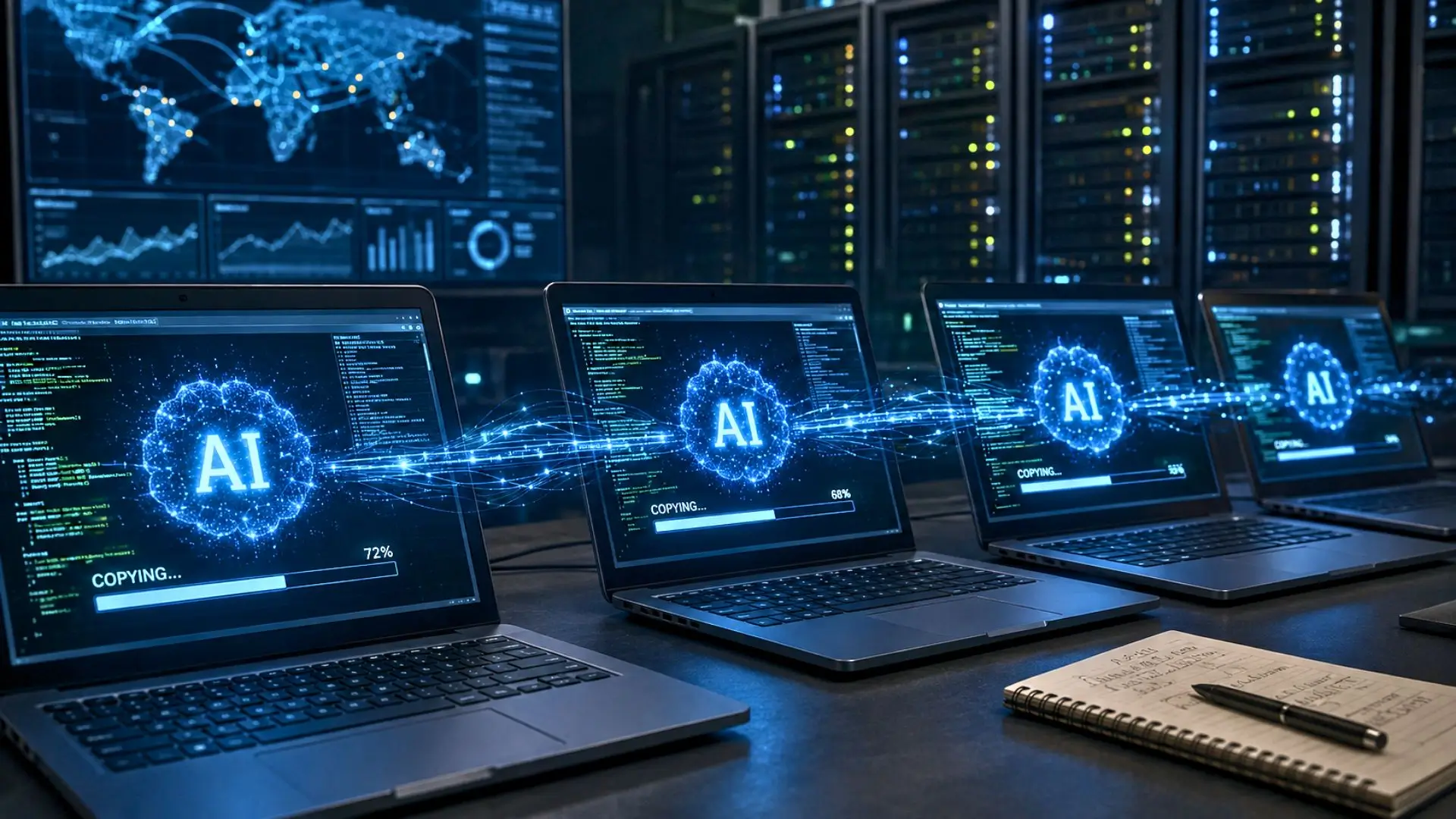 Ordinateur portable et serveur reliés par câbles dans un laboratoire de cybersécurité