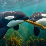 Deux orques sous l’eau font rouler une tige de varech entre elles.