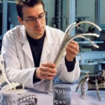 Chercheur manipulant une structure robotique souple inspirée d’une fermeture mécanique innovante dans un laboratoire de robotique avancée