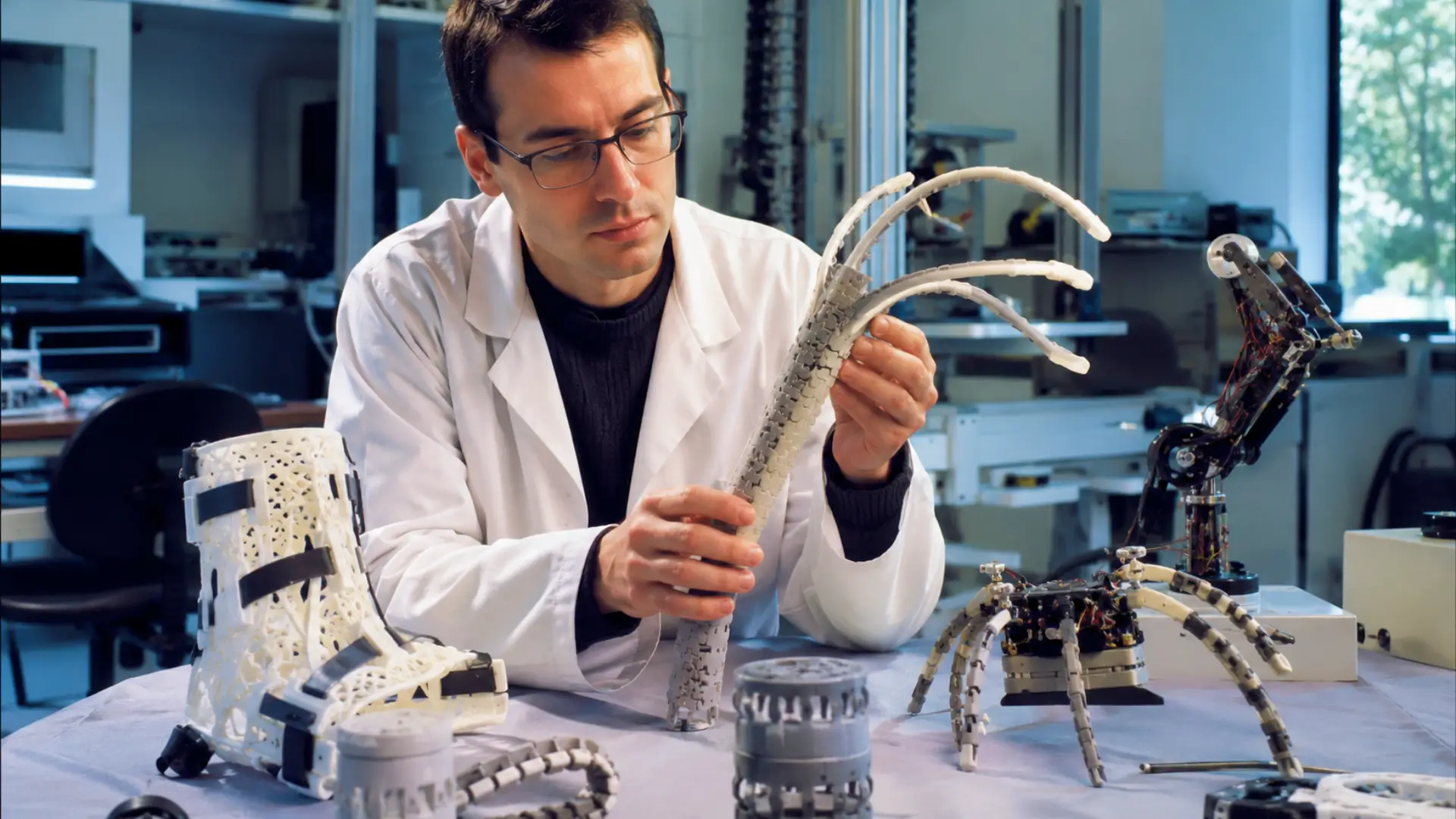 Chercheur manipulant une structure robotique souple inspirée d’une fermeture mécanique innovante dans un laboratoire de robotique avancée