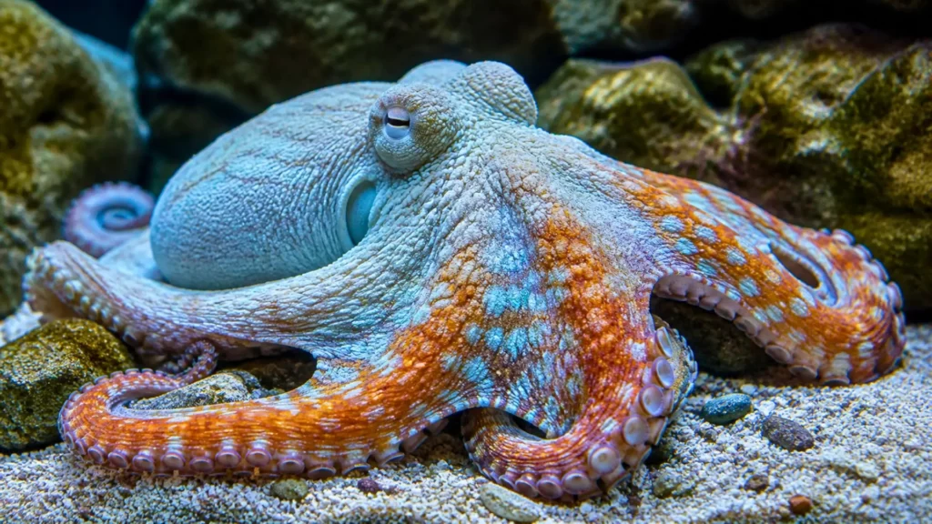Pieuvre au repos sur des rochers, peau pâle traversée de motifs orangés.