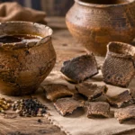 Fragments de poterie ancienne avec céréales sur table en bois rustique.