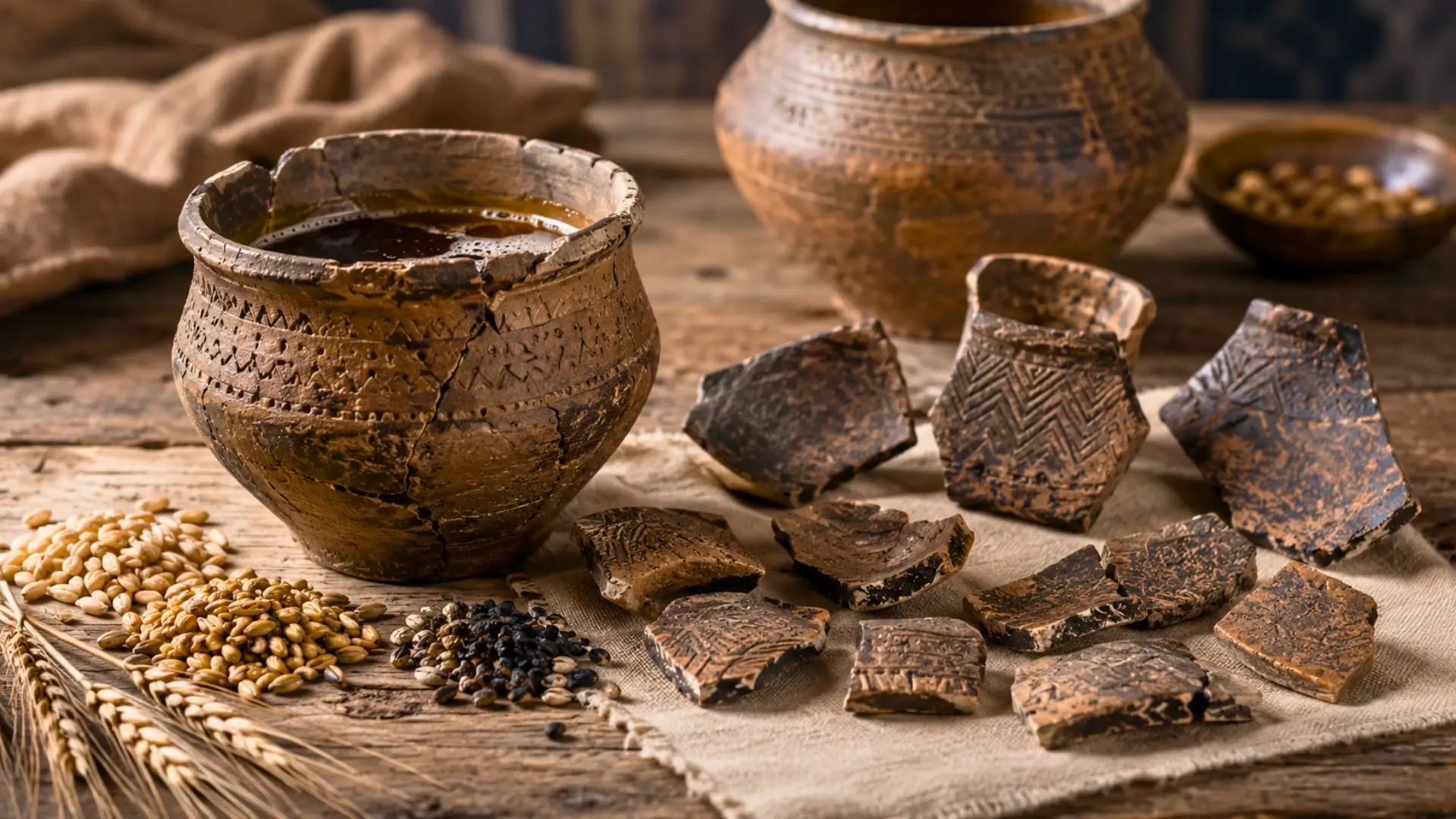 Fragments de poterie ancienne avec céréales sur table en bois rustique.