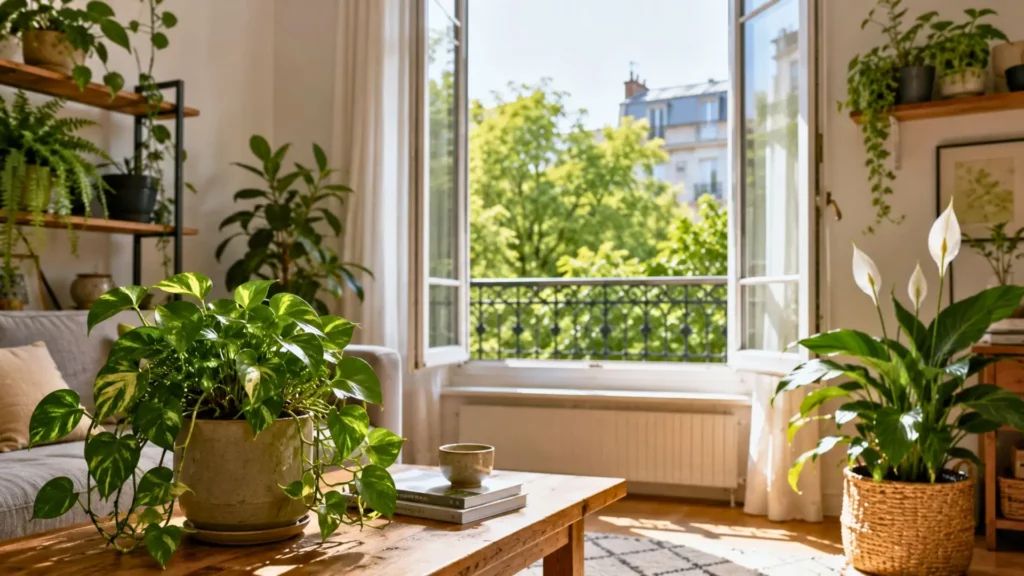 Pothos posé dans un salon lumineux avec fenêtre ouverte au printemps.