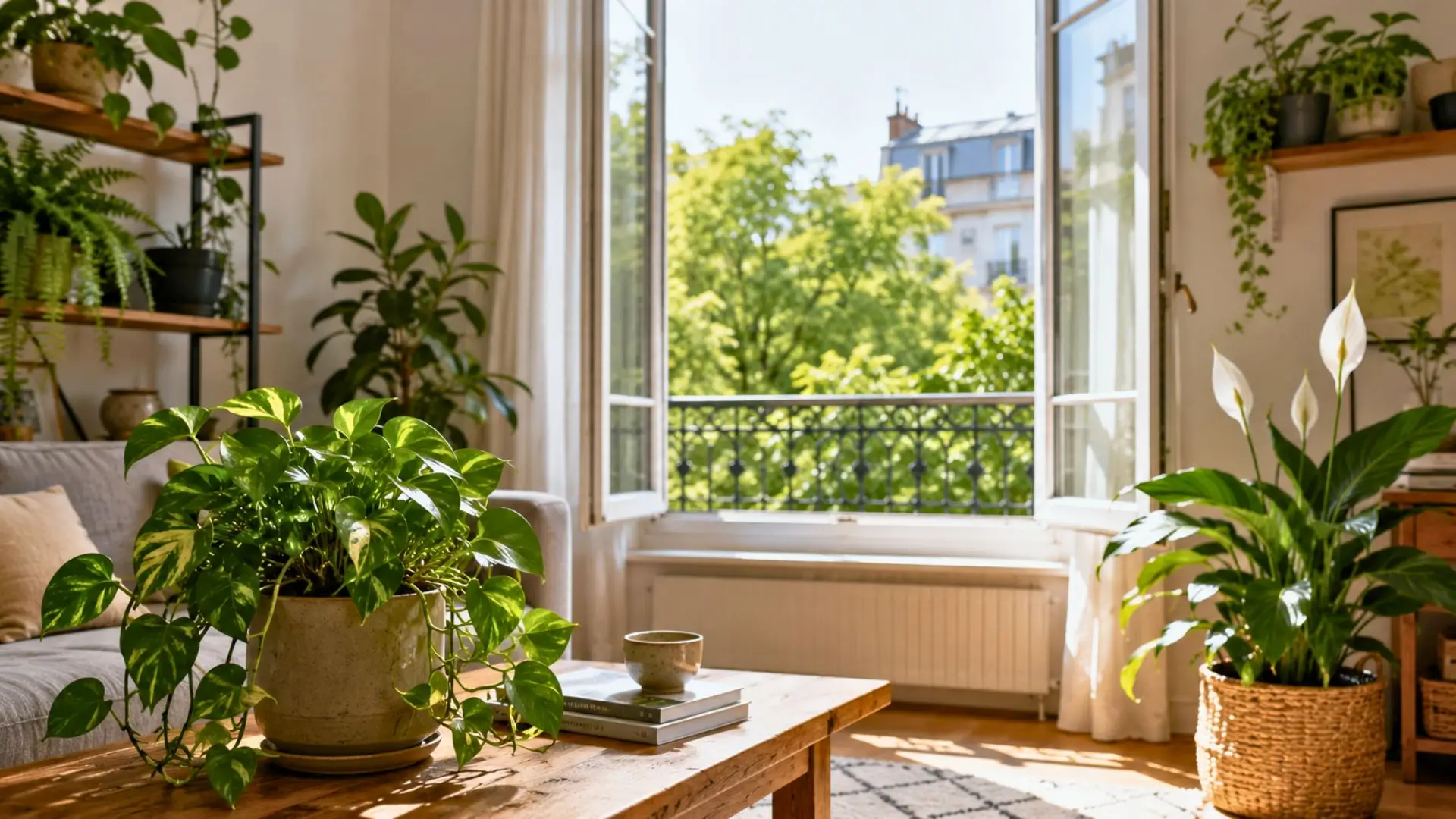 Pothos posé dans un salon lumineux avec fenêtre ouverte au printemps.