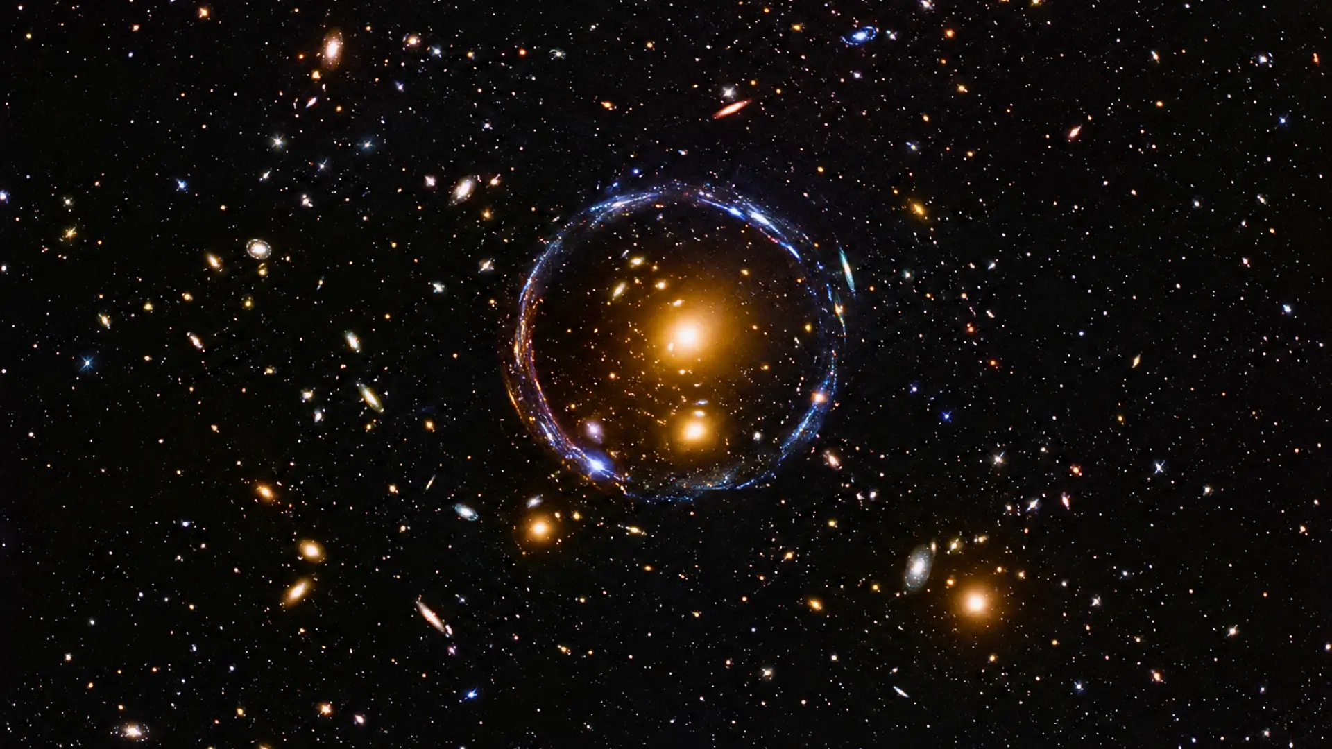Anneau gravitationnel lumineux entourant une galaxie massive au milieu de milliers de galaxies observées par le télescope spatial Euclid