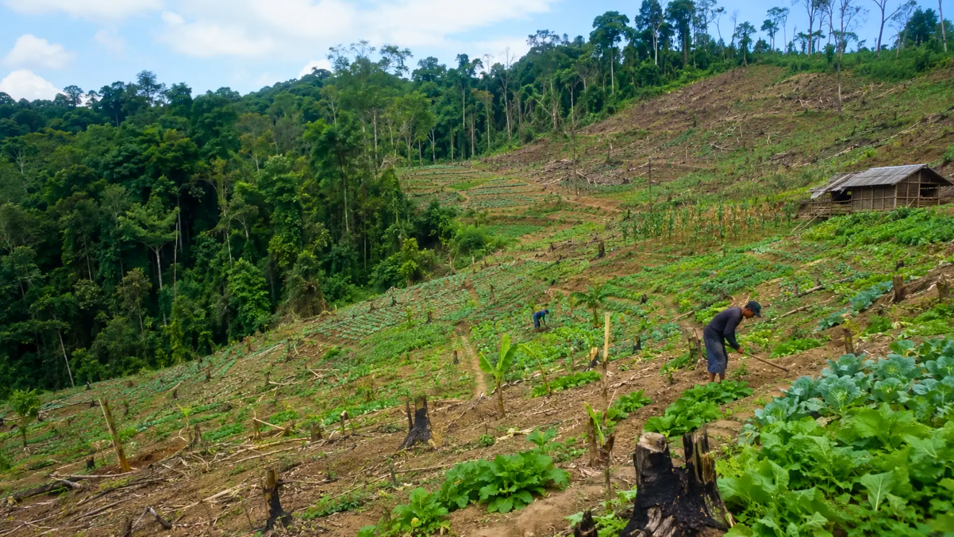 Pente tropicale défrichée avec cultures paysannes, souches d’arbres et forêt dense en recul à l’arrière-plan.