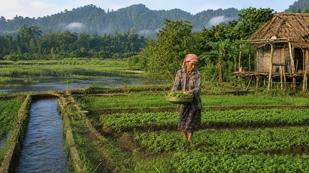 Agricultrice tenant un panier de plantes dans un champ cultivé, avec irrigation, forêt tropicale et maison traditionnelle en arrière-plan.