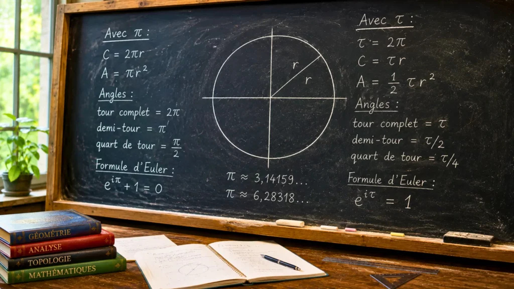 Tableau noir de mathématiques comparant les formules de Pi et Tau avec un grand cercle dessiné à la craie dans une salle de classe réaliste