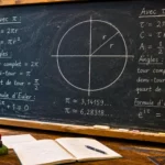 Tableau noir de mathématiques comparant les formules de Pi et Tau avec un grand cercle dessiné à la craie dans une salle de classe réaliste