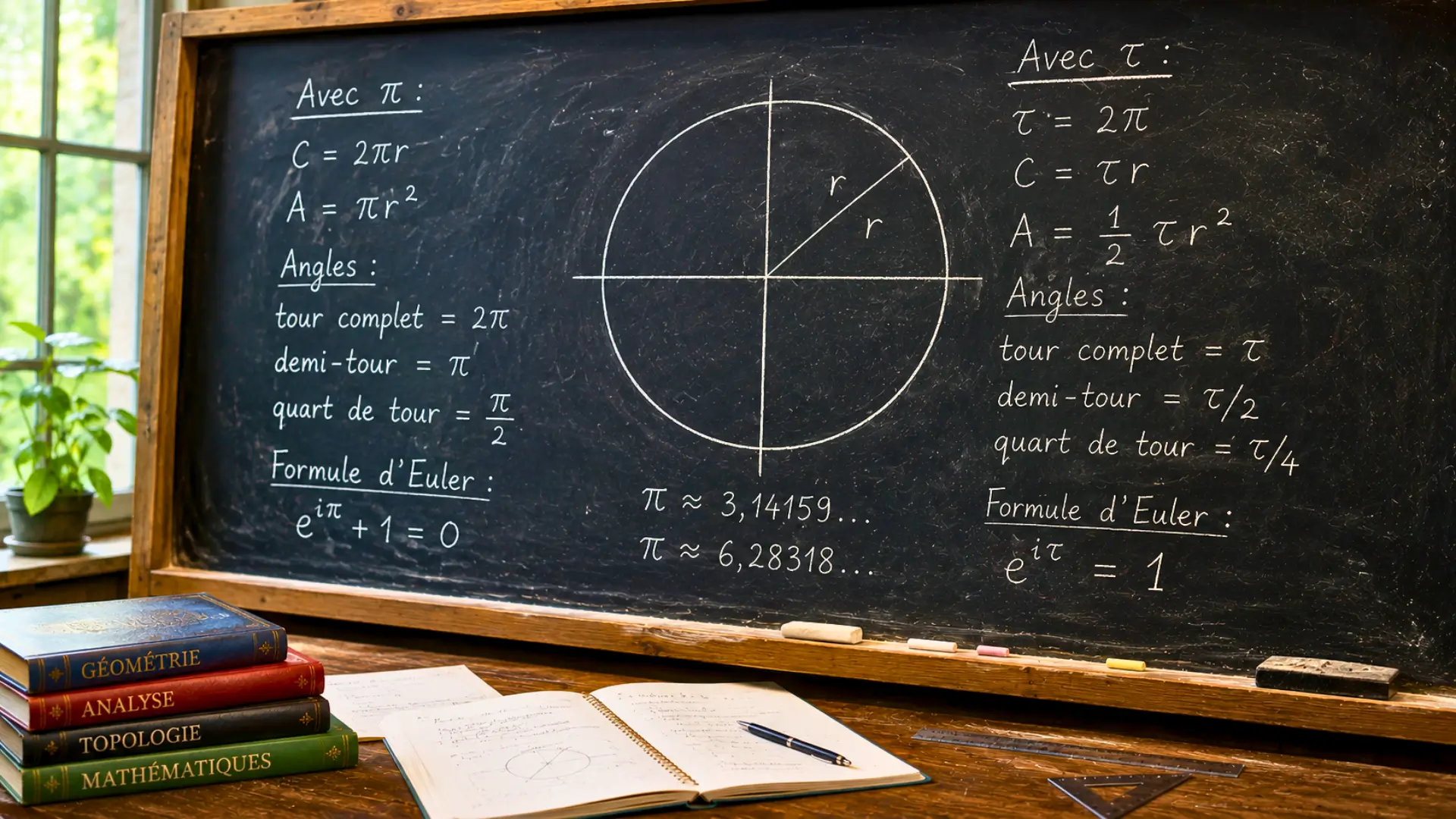 Tableau noir de mathématiques comparant les formules de Pi et Tau avec un grand cercle dessiné à la craie dans une salle de classe réaliste