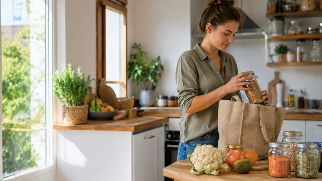 Femme rangeant des aliments en bocaux et dans un cabas réutilisable dans une cuisine lumineuse, avec fruits et légumes sur le plan de travail.