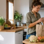 Femme rangeant des aliments en bocaux et dans un cabas réutilisable dans une cuisine lumineuse, avec fruits et légumes sur le plan de travail.