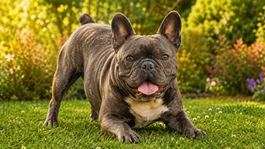 Bouledogue trapu jouant dans l’herbe d’un jardin, langue tirée et expression semblable à un sourire.