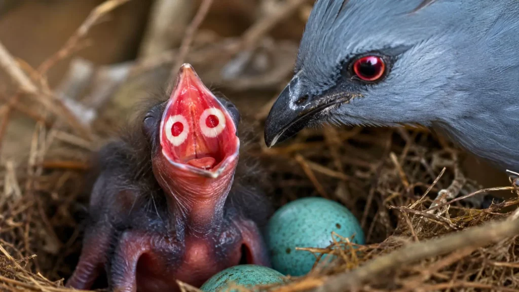 Poussin de coua huppé montrant des marques rouges et blanches dans le bec.