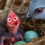 Poussin de coua huppé montrant des marques rouges et blanches dans le bec.