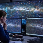 Astronome observant une carte de la Voie lactée remplie de points bleus et orange représentant des exoplanètes détectées par TESS.