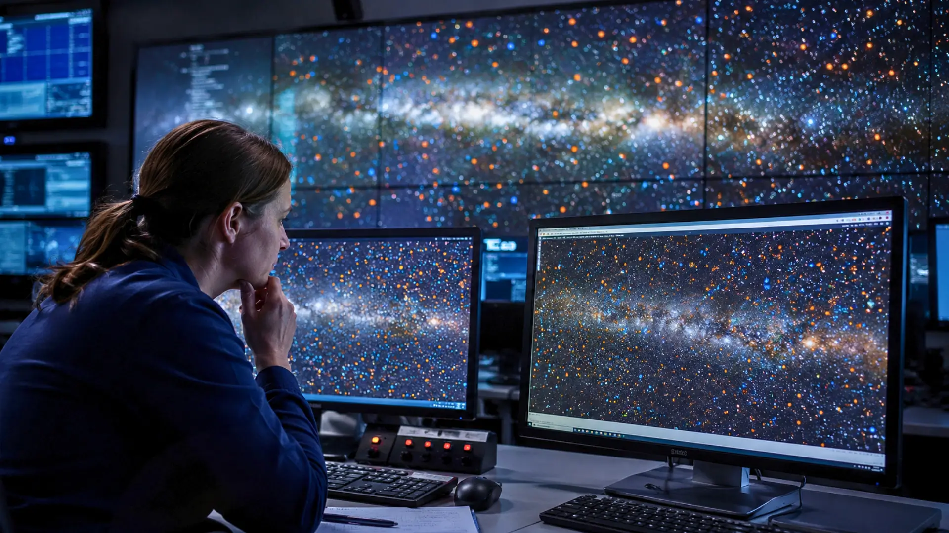 Astronome observant une carte de la Voie lactée remplie de points bleus et orange représentant des exoplanètes détectées par TESS.