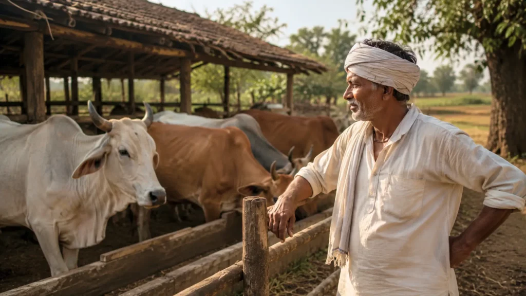 Un fermier indien surveille ses vaches dans une exploitation rurale au coucher du soleil.