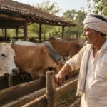 Un fermier indien surveille ses vaches dans une exploitation rurale au coucher du soleil.