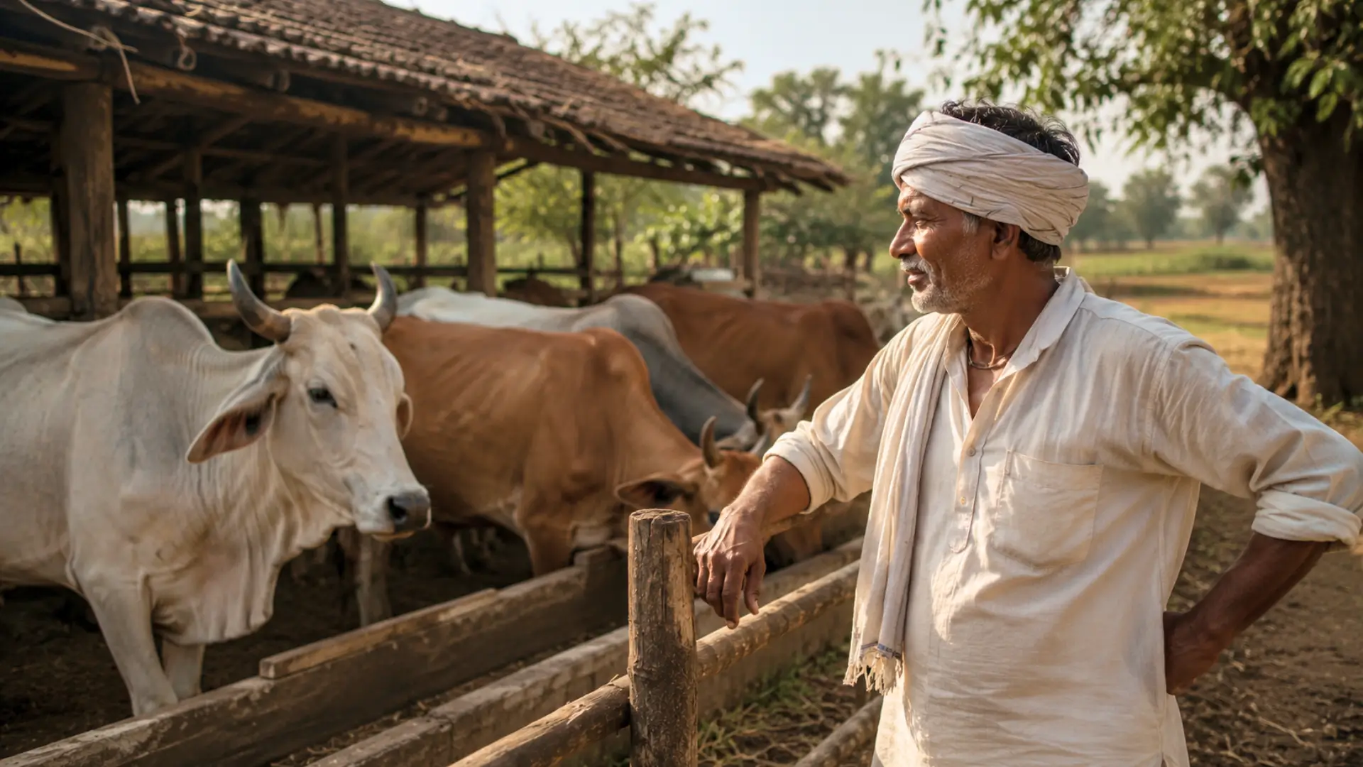 Un fermier indien surveille ses vaches dans une exploitation rurale au coucher du soleil.