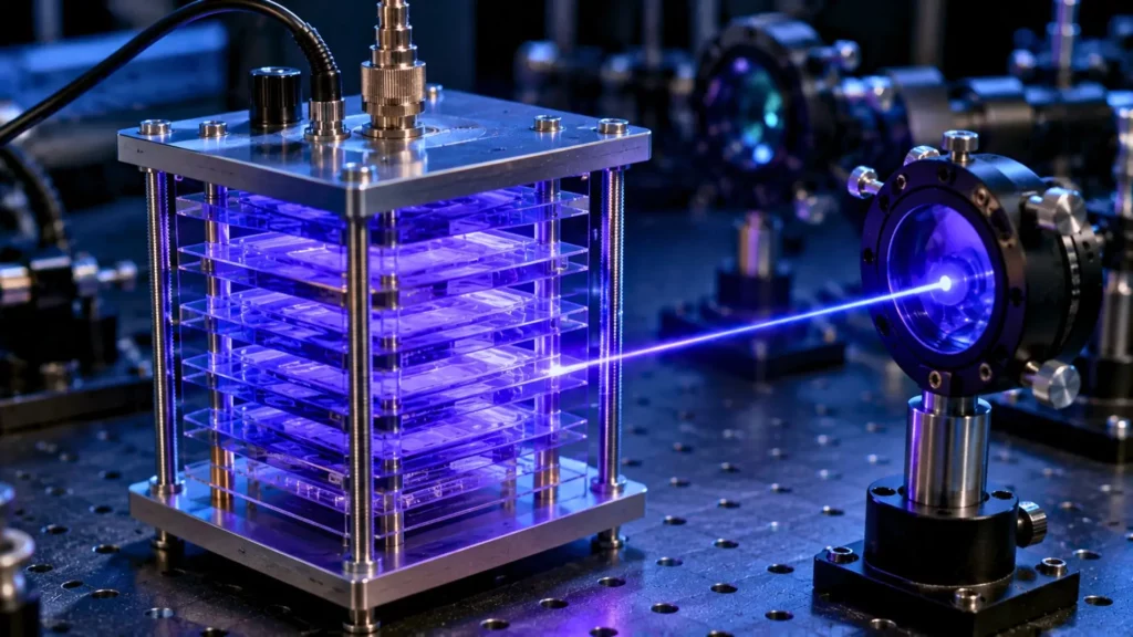 Prototype optique de batterie quantique éclairé par laser sur table de laboratoire.