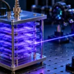 Prototype optique de batterie quantique éclairé par laser sur table de laboratoire.