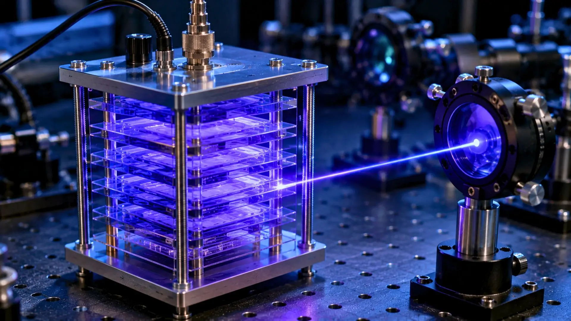 Prototype optique de batterie quantique éclairé par laser sur table de laboratoire.