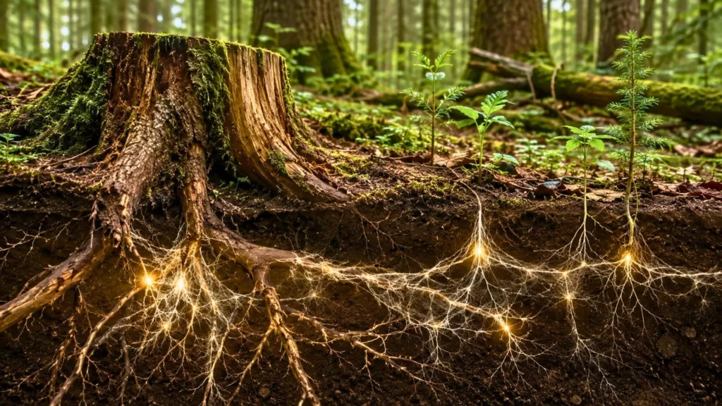 Souche moussue, racines et filaments fongiques sous un sol forestier vivant.