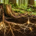Souche moussue, racines et filaments fongiques sous un sol forestier vivant.