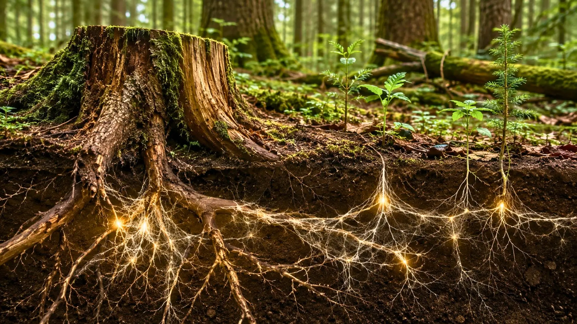 Souche moussue, racines et filaments fongiques sous un sol forestier vivant.