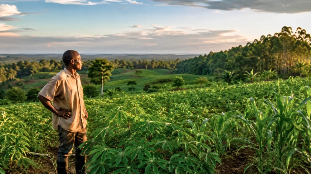 Agriculteur congolais debout dans un champ fertile de manioc et de maïs, face à une vaste forêt tropicale au coucher du soleil.