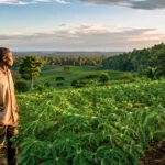 Agriculteur congolais debout dans un champ fertile de manioc et de maïs, face à une vaste forêt tropicale au coucher du soleil.